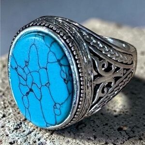 Turquoise Statement Ring – Vintage Boho Silver Large Stone
